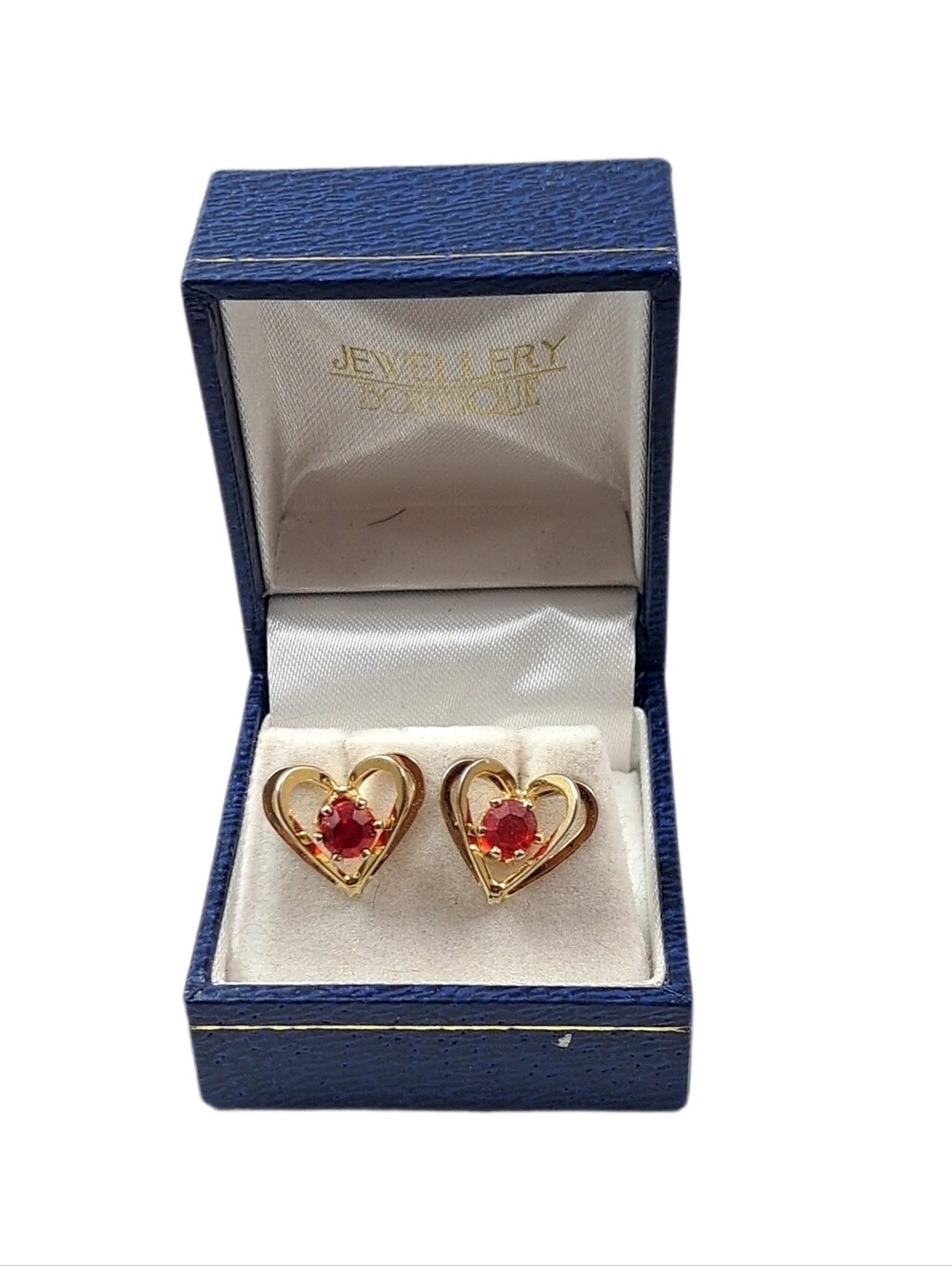 Gold Tone Double Heart Red Stone Stud Earrings 0.5" NWOT